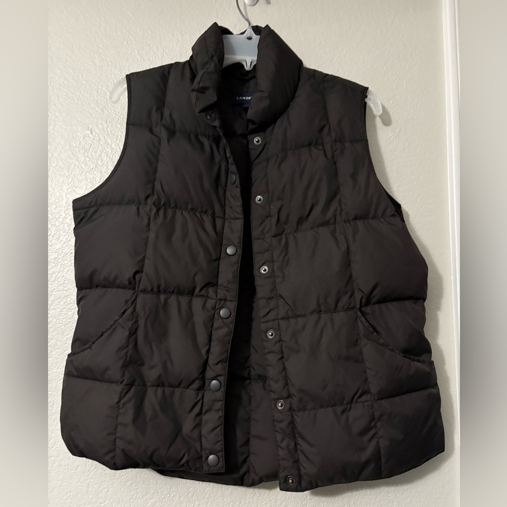 Lands' End Dark Brown Quilted Down Puffer Vest with Stand-Up Collar Side Pockets